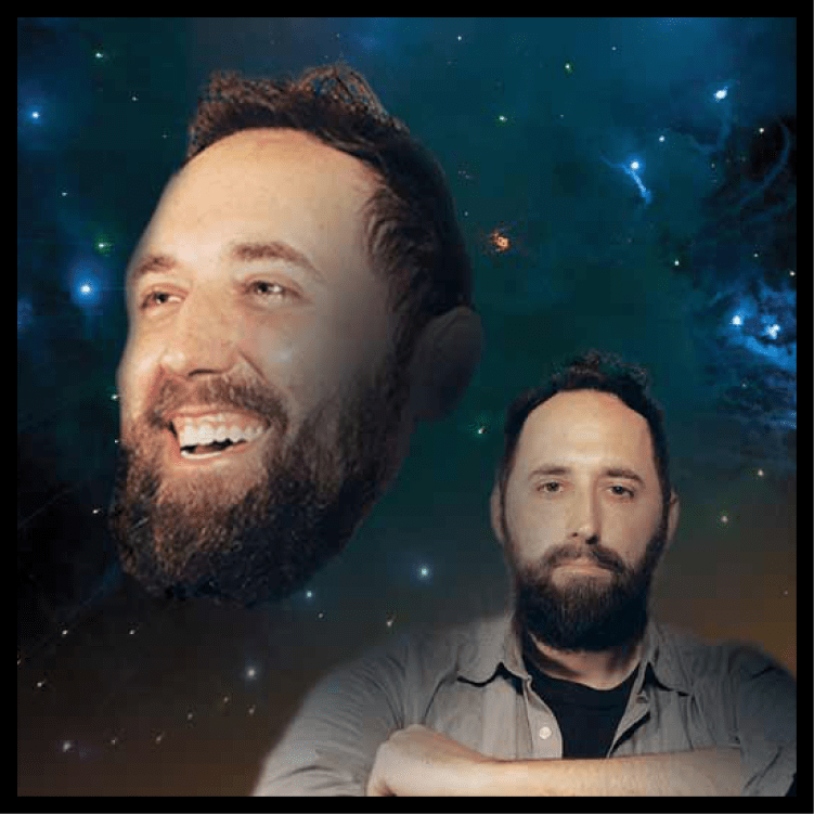 Double photo portrait of Vinson Milligan in the style of Olan Mills floating in outer space