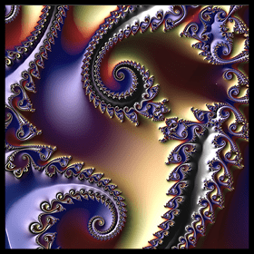 Purple and gold image of a fractal not unlike the Mandelbrot set