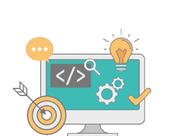Vector graphic of a monitor with gears, target, and light bulb