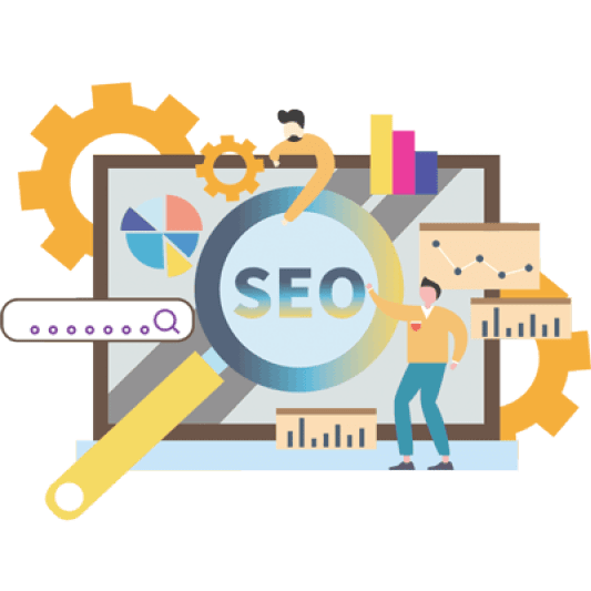 Vector graphic of monitor with SEO and analytics measurements design